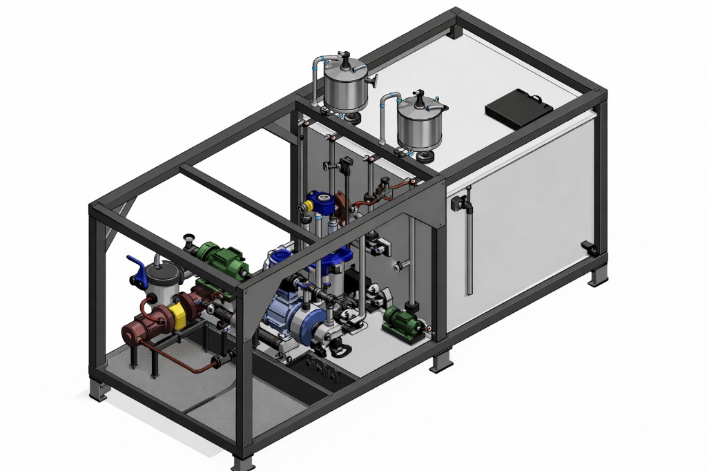 Konteyner tipi bitüm emülsiyon plenti — pompa grubu ve çözelti tankı (3D)