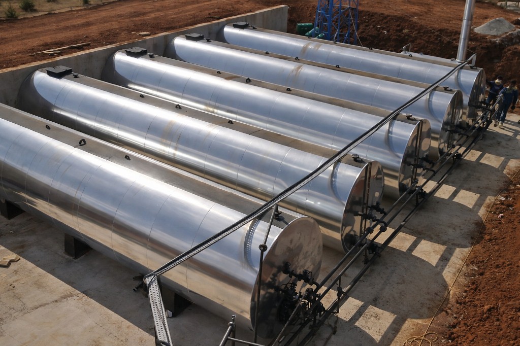 Yatay bitüm tankları sırası — manifold, vanalar ve beton temel