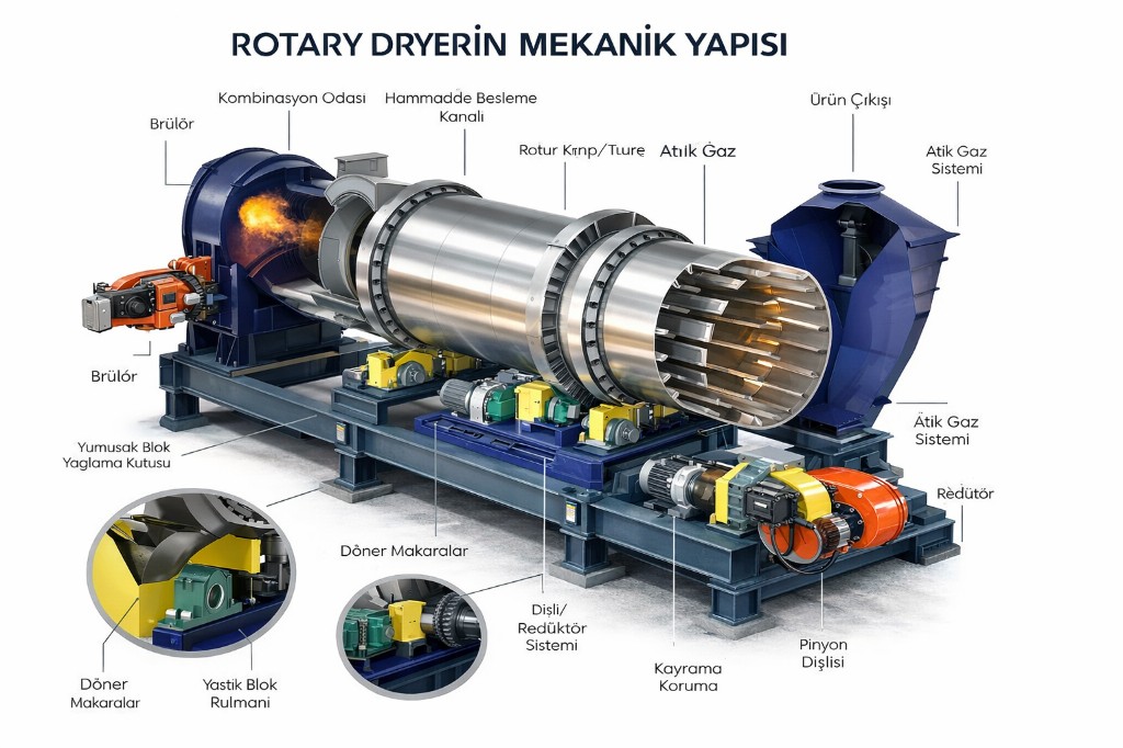 Döner kurutucunun mekanik yapısı şematik görünüm