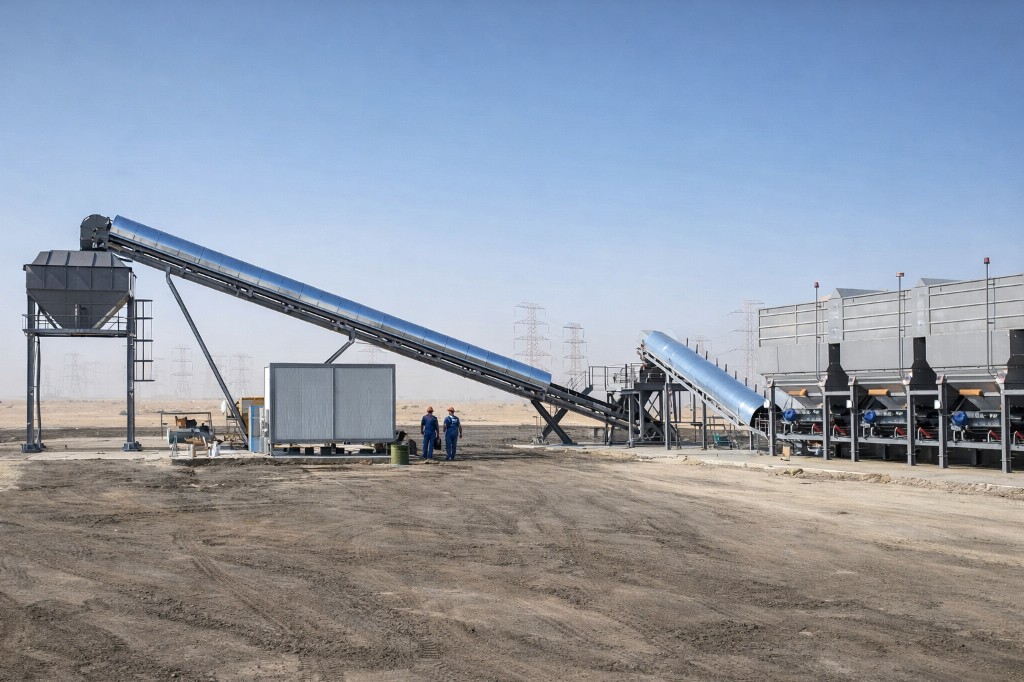Kurulu mekanik PMT hattı — soğuk beslemeden yükleme silosuna malzeme akışı