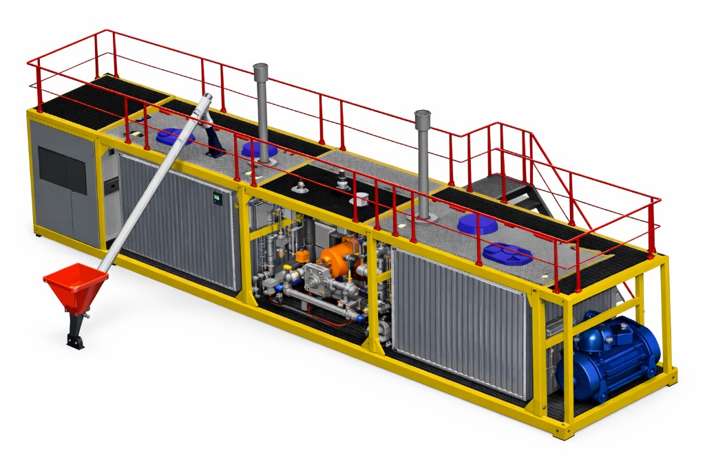 Sarı şaseli modifiye bitüm plenti — helezon besleme ve üst çalışma platformu (3D)
