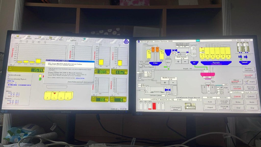 Çift monitörde asfalt plenti SCADA süreç ve rapor ekranları